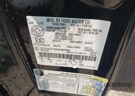 2013 Ford F-150 Fx4 z USA, uszkodzony, nr VIN 1FTFW1ET4DKD67088